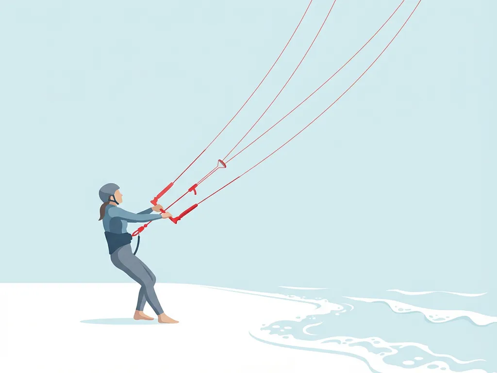 Beginnende kitesurfer op wit zand met rode controlebar, kite lijnen in geometrische bogen tegen blauwe lucht