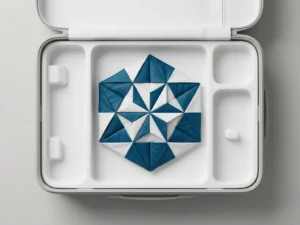 Compacte reisvlieger gevouwen in geometrisch patroon in open minimalistische koffer met witte compartimenten