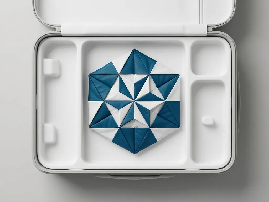 Compacte reisvlieger gevouwen in geometrisch patroon in open minimalistische koffer met witte compartimenten